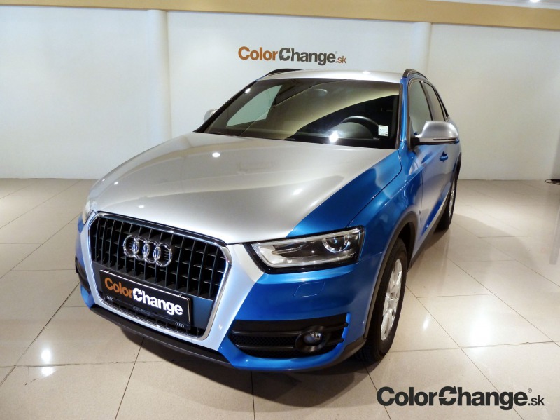 Audi Q3 - kompletný polep auta kombináciou fóliou Bright blue / silver metallic
